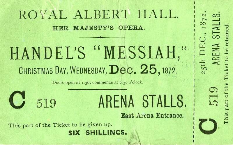 Ticket for a performance of Messiah on Christmas Day in the 1870s