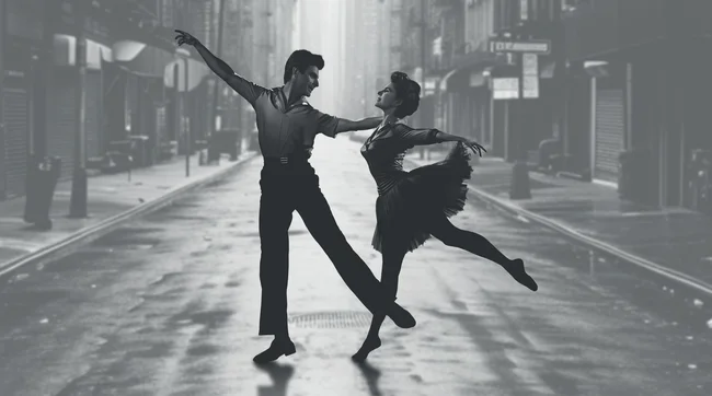 Two dancers in a black and white New York street