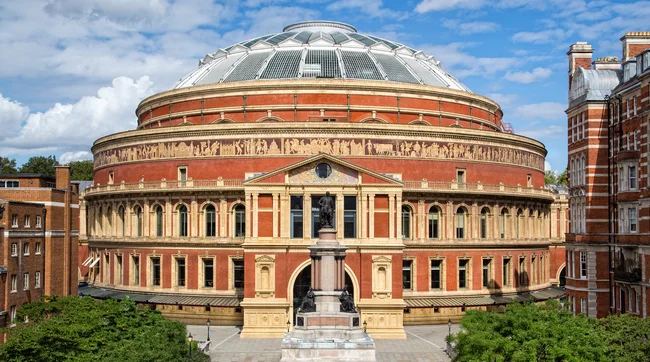 The exterior of the Royal Albert Hall from the south steps
