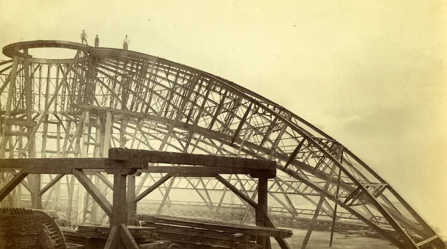 Construction of the dome stell roof in the Royal Albert Hall during the 1870s.