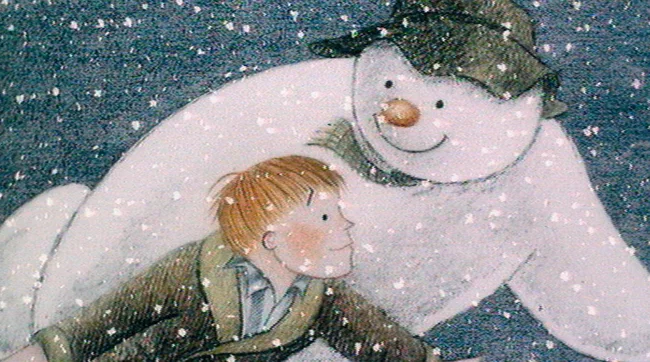 Illustration of a snowman and a boy in his pyjamas flying through a snowy night sky