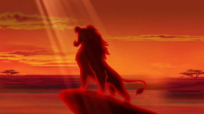 Lion illustration from the Lion King of a lion roaring on a cliff edge with the sun coming down. 