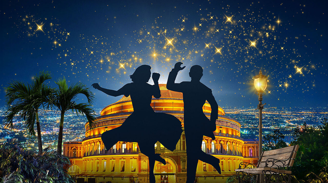 A silhouette of a man and a woman dancing in front of the Royal Albert Hall, which is set with Hollywood as its backdrop